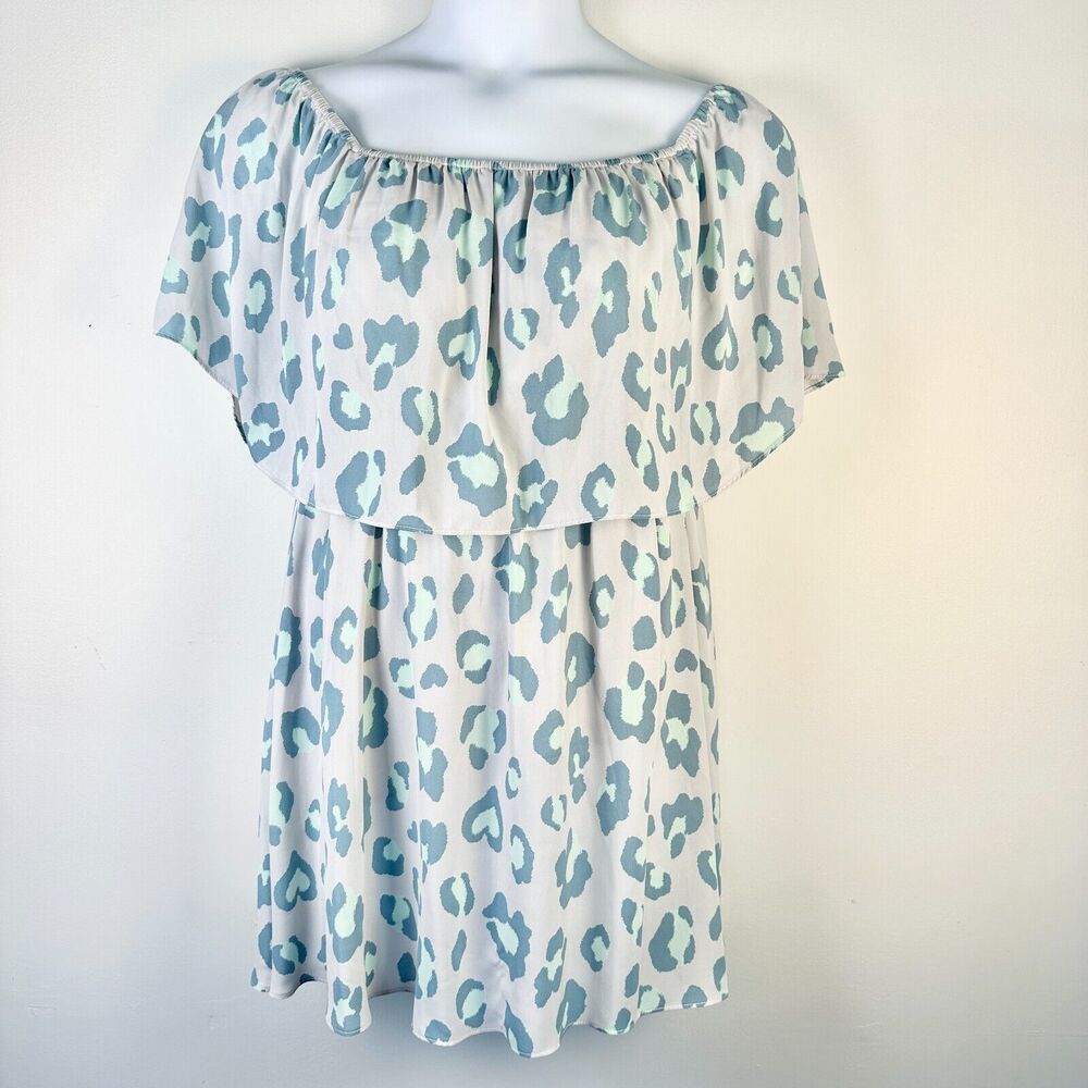 BUDDY LOVE Dress Women L Gray Blue Leopard Animal Layered Tiered Mini Sheer NWOT